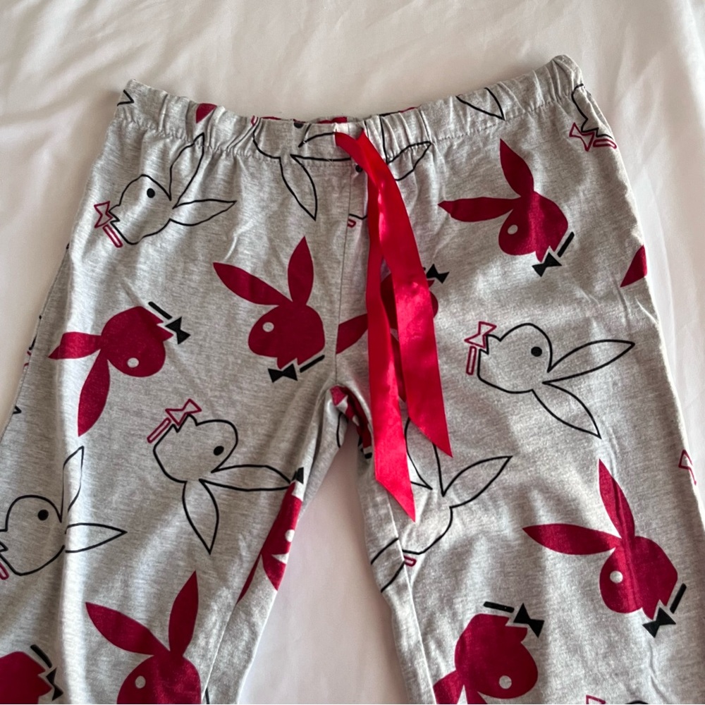 Playboy Lounge Pants Medium Gray Red Bunny Print Y2K Elastic Waist - Picture 2 of 6